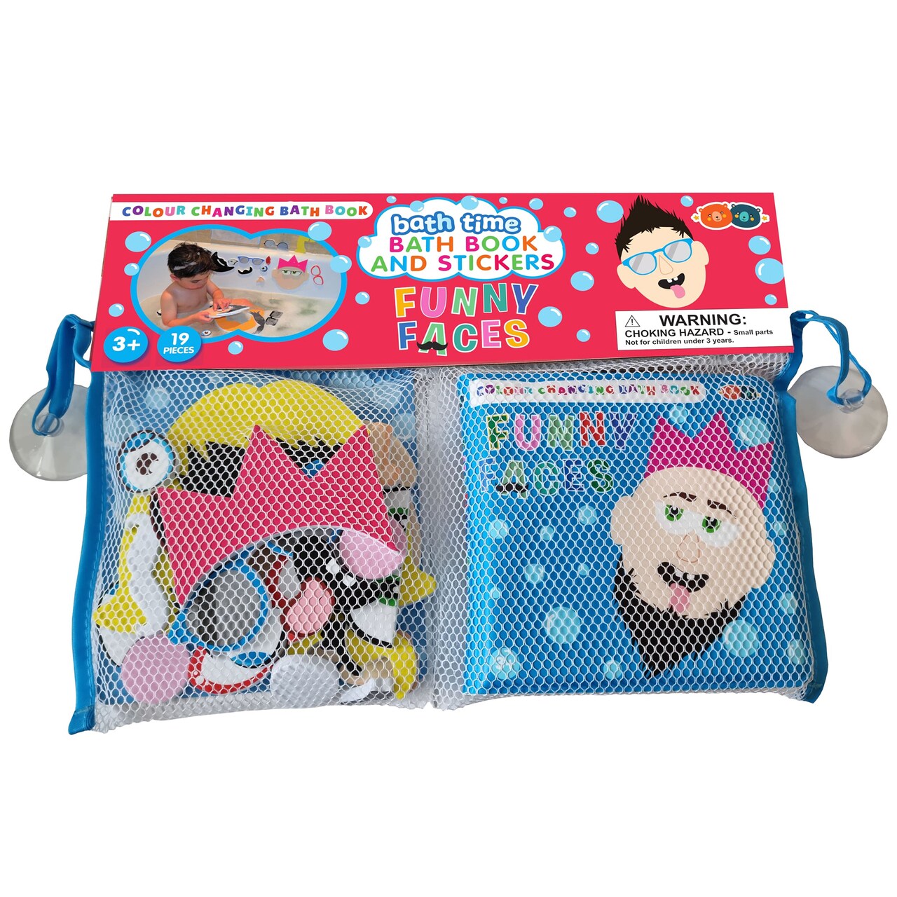 Buddy & Barney: Bath Time: Book & Stickers - Funny Faces - Color Changing Book & 17 Foam Pieces, Mix & Match Faces, Mesh Bag, Water Play Toy, Kids 3+